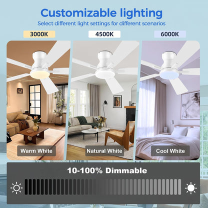 Ceiling Fans with Lights,52 Inch Low Profile Ceiling Fan with Light-Flush Mount Dimmable, Quiet DC Motor for Outdoor Patio,Garage,Bedroom Brown67-Black 52in 67-White 52in 67-Brown 52in 67-Nickel 52in