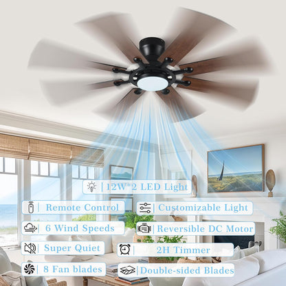Ceiling Fans with Lights, 54 inch Low Profile Ceiling Fan with Light and Remote Control, Flush Mount Ceiling Fan for Bedroom, Living Room, Reversible, 3CCT, Dimmable, Noiseless DC Motor, Black White Brown