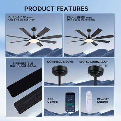 60" Ceiling Fan with Light - Modern White Low Profile Ceilings Fans Light Low Profile Fan with 8 Blades,6 Wind Speeds Reversible,Dimmable,Modern Light for Indoor Living Room,Kitchen,Coverd PatiosJL-153-Black-60In JL-153-White-60In JL-153-Brown-60In