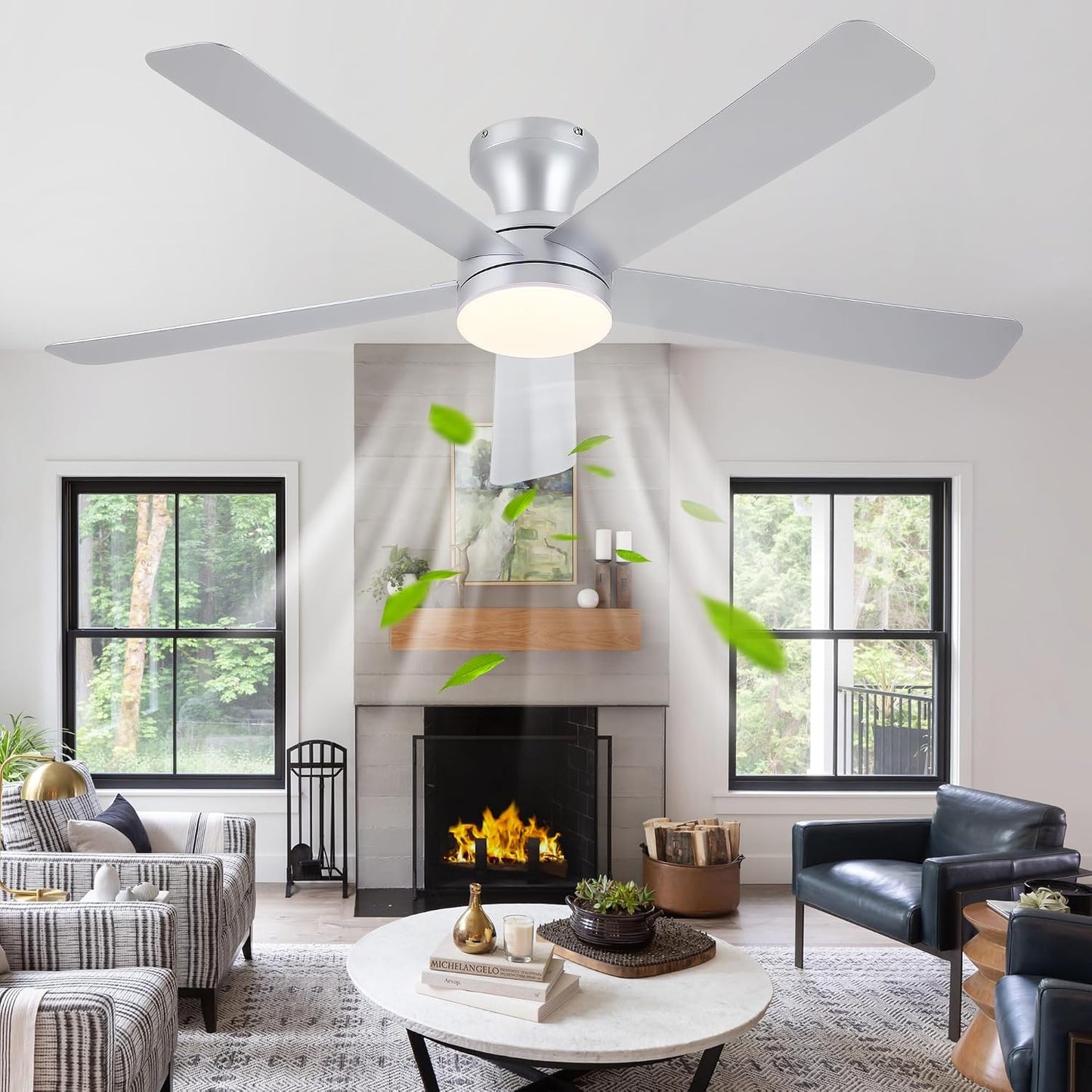 Ceiling Fans with Lights,46" Black Flush Mount Ceiling Fan Light with ABS Blades Reversible,3CCT Dimmable, Low Profile Fan Light for Indoor Modern Bedroom, Kitchen