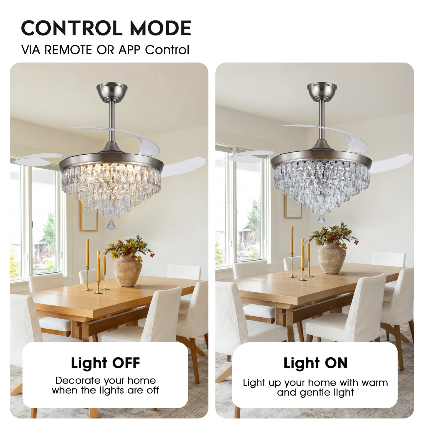 48" Chandelier Ceiling Fan with Lights, Crystal Retractable Fandelier with 3 Color LED Dimmable, Reversible DC Motor, Modern for Bedroom, Living Room (Black