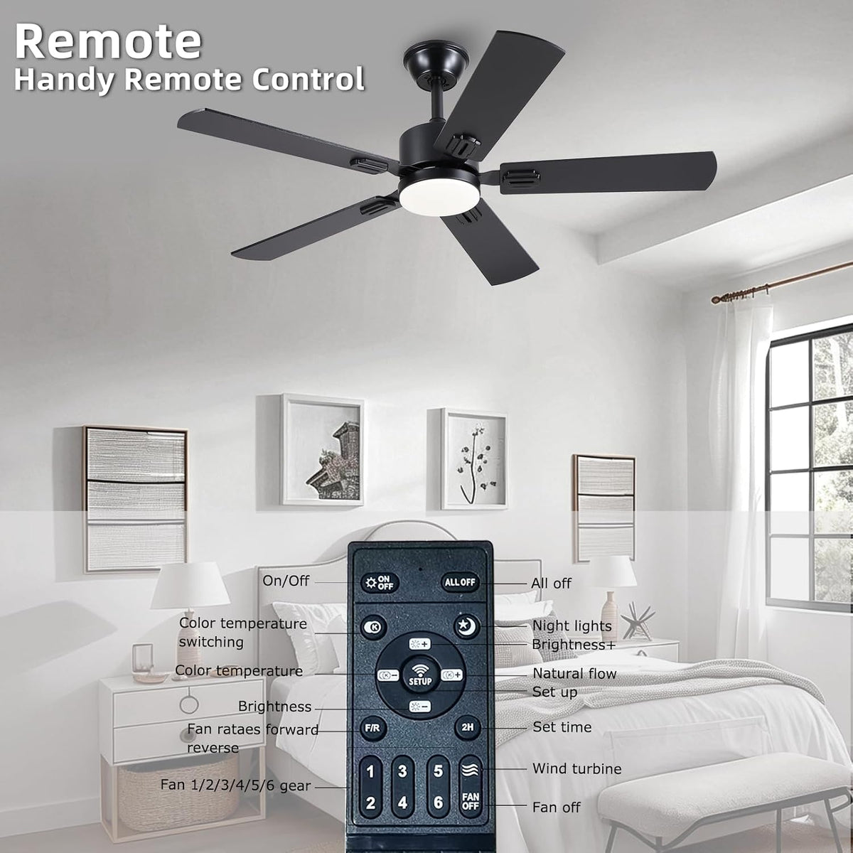 46inch Modern Ceiling Fans with Lights APP/Remote Control, Black Reversible 6 Speeds DC Motor, Noiseless, Dimmable 3CCT LED, Memory Function, 5 Dual Finish Blades for Bedroom Living Room