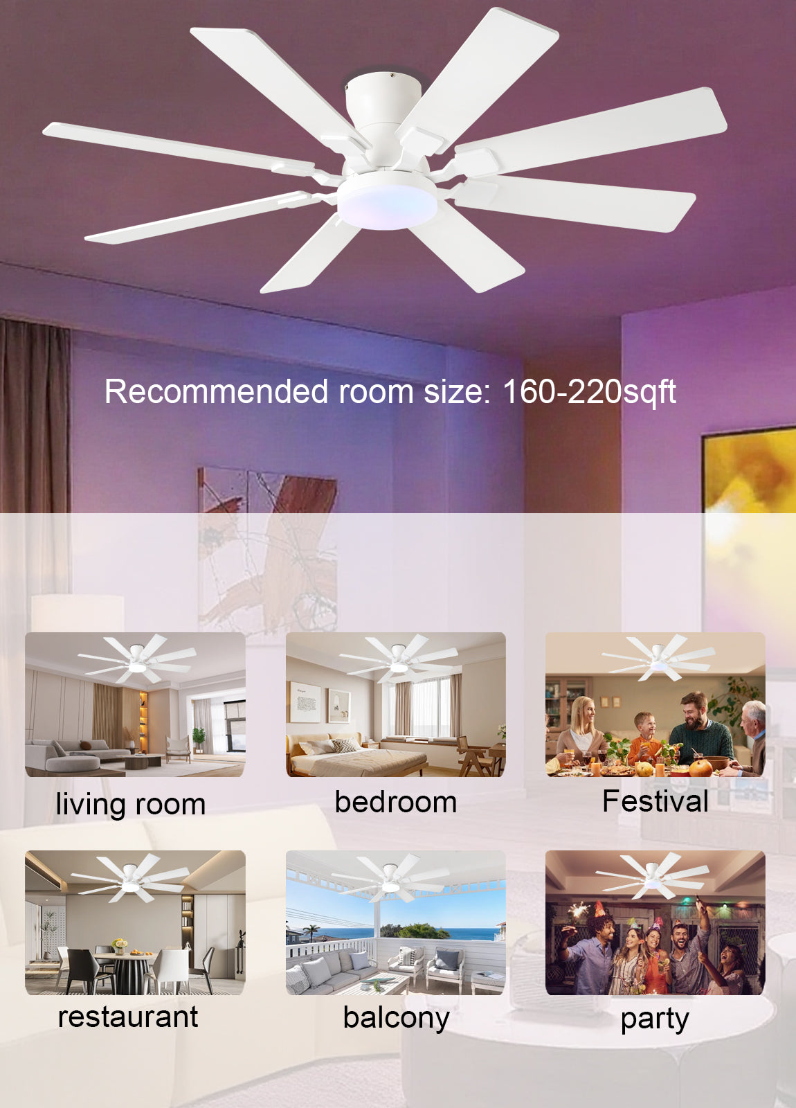 52 inch Ceiling Fan with Light, 6 Speeds Reversible Low Profile Ceiling Fan with Light and Remote/APP Control, 3 Color Temp+Dimmable RGB, 8 Blades, Flush Mount Quiet Ceiling Fans, Black