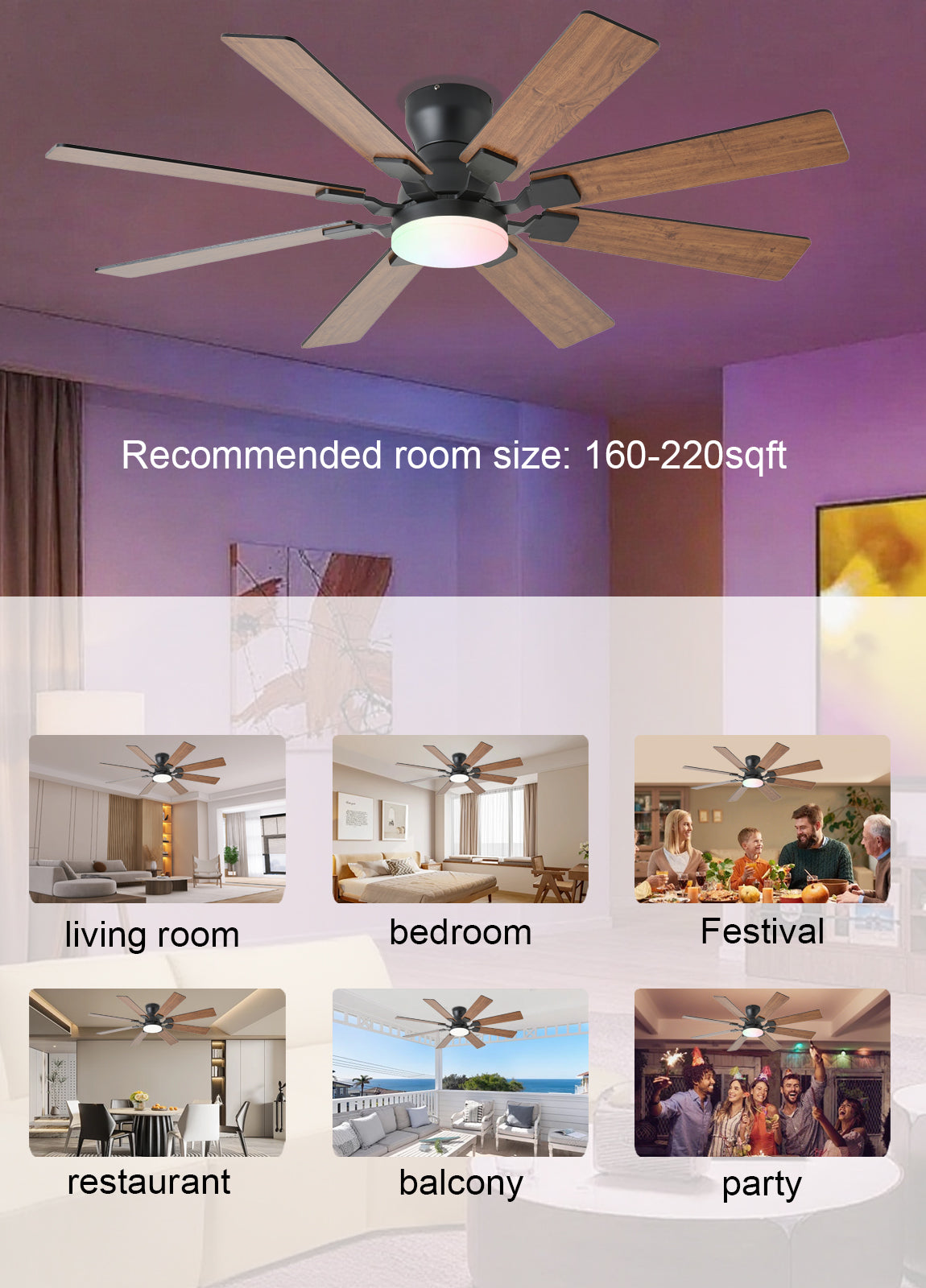52 inch Ceiling Fan with Light, 6 Speeds Reversible Low Profile Ceiling Fan with Light and Remote/APP Control, 3 Color Temp+Dimmable RGB, 8 Blades, Flush Mount Quiet Ceiling Fans, Black
