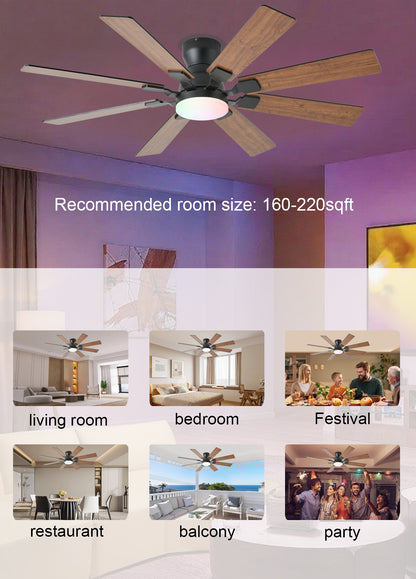 52 inch Ceiling Fan with Light, 6 Speeds Reversible Low Profile Ceiling Fan with Light and Remote/APP Control, 3 Color Temp+Dimmable RGB, 8 Blades, Flush Mount Quiet Ceiling Fans, Black
