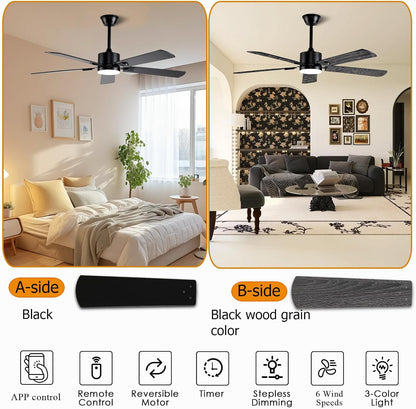 56inch Black Modern Ceiling Fans with Lights and Remote/App Control Reversible 6 Speeds DC Motor, Noiseless, Dimmable 3CCT LED, Memory Function, 5 Dual Finish Blades for Bedroom Living Room