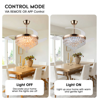 48" Chandelier Ceiling Fan with Lights, Crystal Retractable Fandelier with 3 Color LED Dimmable, Reversible DC Motor, Modern for Bedroom, Living Room5555-BLACK 5555-GOLD 5555-NICKEL