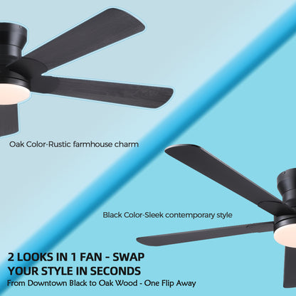 52inch Black Ceiling Fan with Light and Remote- Flush Mount Fan Light with 5 Reversible Blades, 3CCT Dimmable, DC, Low Profile Ceiling Fan for Indoor, Outdoor, Summer