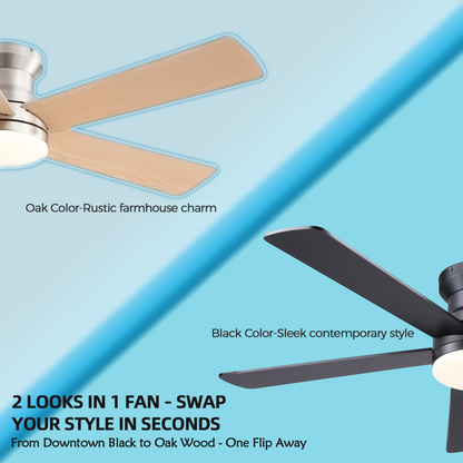 Flush Mount Ceiling Fan with Light and Remote/APP - 48" Low Profile Ceiling Fan with 3CCT Dimmable, 5 Reversible Blades, Modern Indoor Fan Light Fixtures for Bedroom, Kitchen