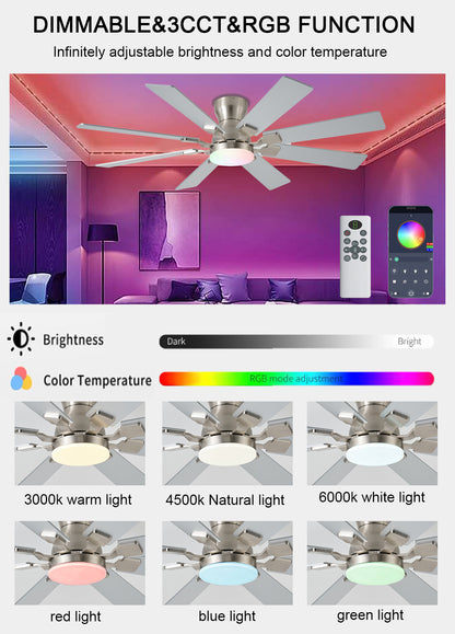 52 inch Ceiling Fan with Light, 6 Speeds Reversible Low Profile Ceiling Fan with Light and Remote/APP Control, 3 Color Temp+Dimmable RGB, 8 Blades, Flush Mount Quiet Ceiling Fans, Black