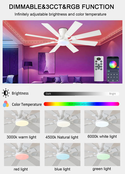 52 inch Ceiling Fan with Light, 6 Speeds Reversible Low Profile Ceiling Fan with Light and Remote/APP Control, 3 Color Temp+Dimmable RGB, 8 Blades, Flush Mount Quiet Ceiling Fans, Black