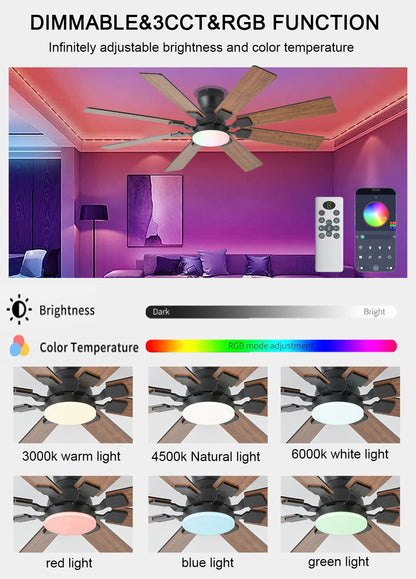 52 inch Ceiling Fan with Light, 6 Speeds Reversible Low Profile Ceiling Fan with Light and Remote/APP Control, 3 Color Temp+Dimmable RGB, 8 Blades, Flush Mount Quiet Ceiling Fans, Black