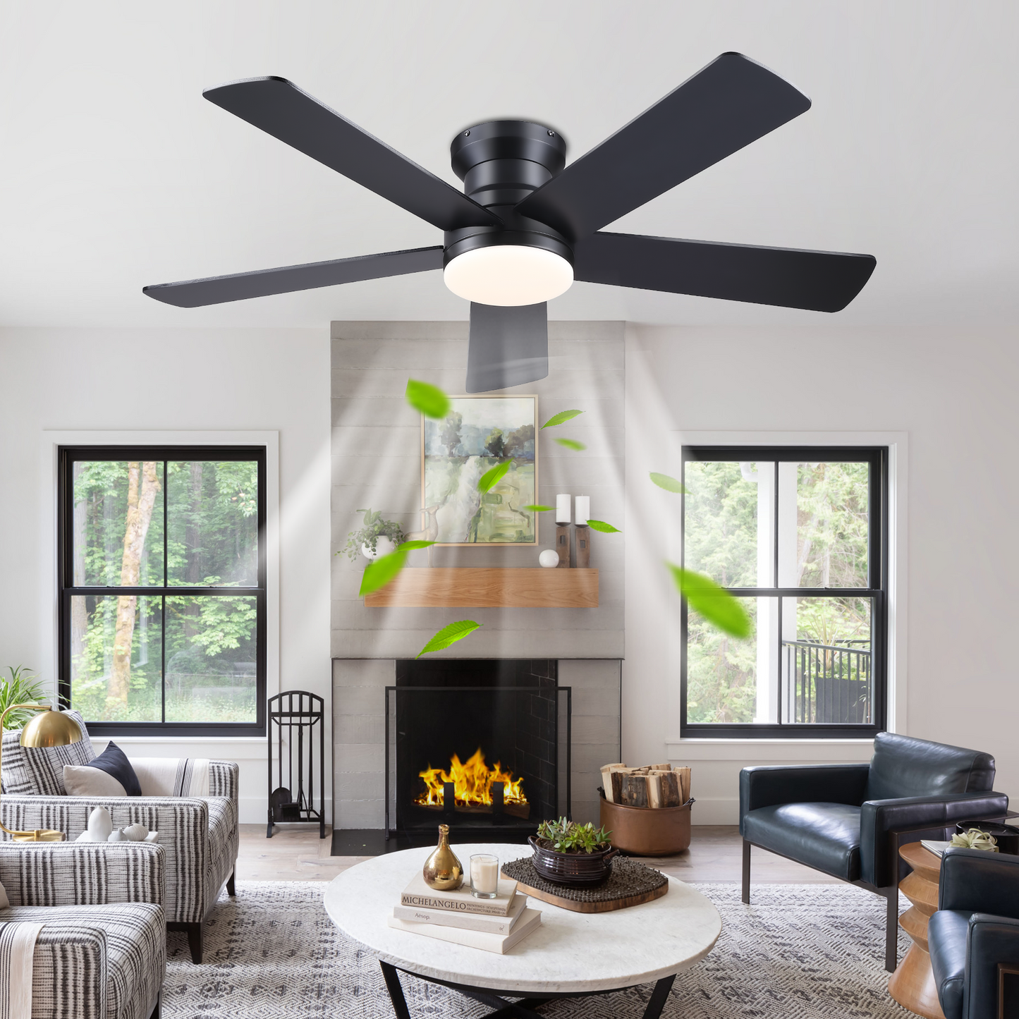 Ceiling Fans with Lights - 48" Black Flush Mount Ceiling Fan Light with 6 Speeds 3CCT Dimmable, Revesible Motor, Low Profile Fan Light for Modern Indoor Bedroom, Kitchen