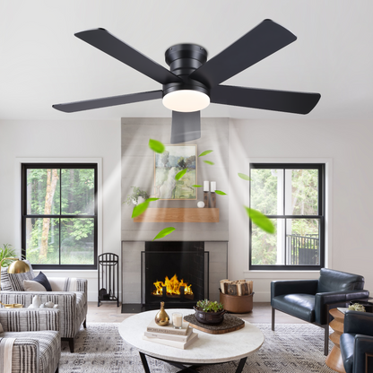 Ceiling Fans with Lights - 48" Black Flush Mount Ceiling Fan Light with 6 Speeds 3CCT Dimmable, Revesible Motor, Low Profile Fan Light for Modern Indoor Bedroom, Kitchen