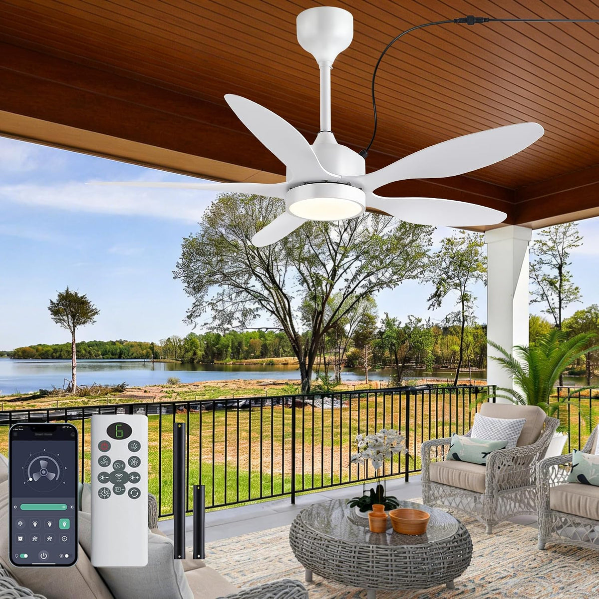 46 inch Waterproof Outdoor Ceiling Fan with Lights and Remote,IP65 Hanging Gazebo Fan with 3CCT 6-Speed DC Motor,Brown Wet Rated Plug in Ceiling Fan with Cord for Patios Porch Pergola LSP-36WP-Black LSP-36WP-White LSP-36WP-Brown