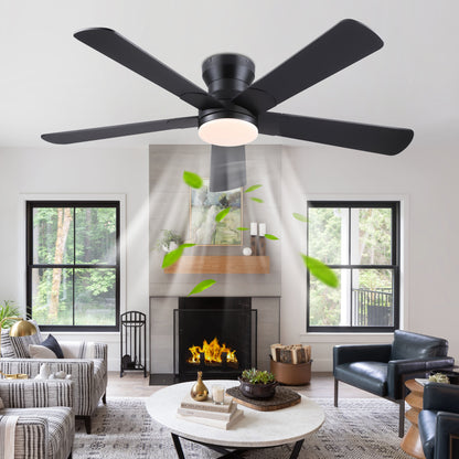 52inch Black Ceiling Fan with Light and Remote- Flush Mount Fan Light with 5 Reversible Blades, 3CCT Dimmable, DC, Low Profile Ceiling Fan for Indoor, Outdoor, Summer
