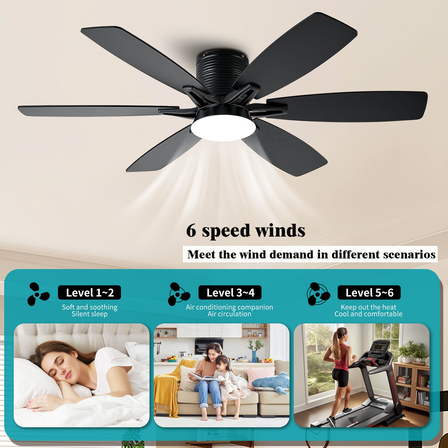 52inch  Ceiling Fans with Lights and Remote/App Control, Low Profile Ceiling Fan with Light and 6 Double-Side blades, Flush Mount, LED/RGB Dimmable DC Reversible Modern Ceiling Fan for Bedroom