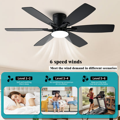 52inch  Ceiling Fans with Lights and Remote/App Control, Low Profile Ceiling Fan with Light and 6 Double-Side blades, Flush Mount, LED/RGB Dimmable DC Reversible Modern Ceiling Fan for Bedroom