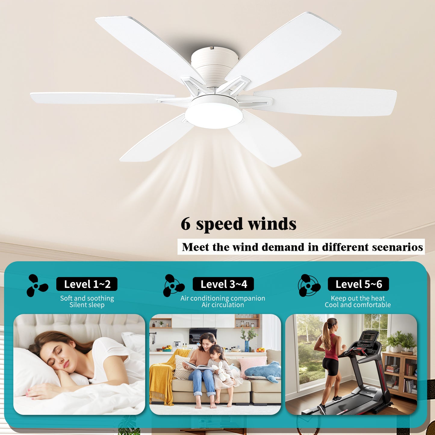 52inch  Ceiling Fans with Lights and Remote/App Control, Low Profile Ceiling Fan with Light and 6 Double-Side blades, Flush Mount, LED/RGB Dimmable DC Reversible Modern Ceiling Fan for Bedroom