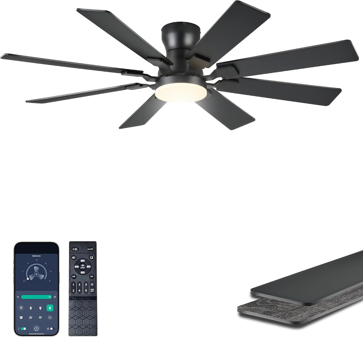 JSAITEE 52 inch Ceiling Fan with Light, 6 Speeds Reversible Low Profile Ceiling Fan with Light and Remote/APP Control, 3 Color Temp+Dimmable RGB, 8 Blades, Flush Mount Quiet Ceiling Fans, Black JL99-Black