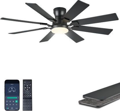 JSAITEE 52 inch Ceiling Fan with Light, 6 Speeds Reversible Low Profile Ceiling Fan with Light and Remote/APP Control, 3 Color Temp+Dimmable RGB, 8 Blades, Flush Mount Quiet Ceiling Fans, Black JL99-Black
