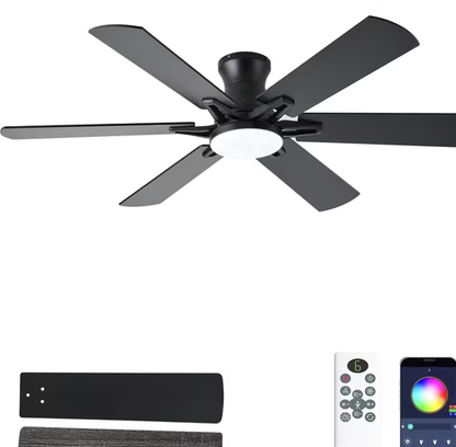 52 Inch Ceiling Fans with Lights, Low Profile Ceiling Fan with Light and Remote, Quite DC Motor,Flush Mount, 3CCT, Dimmable, Brown RGB Ceiling Fan for Bedroom, Living Room, Indoor/Outdoor Use