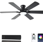 52 Inch Ceiling Fans with Lights, Low Profile Ceiling Fan with Light and Remote, Quite DC Motor,Flush Mount, 3CCT, Dimmable, Brown RGB Ceiling Fan for Bedroom, Living Room, Indoor/Outdoor Use