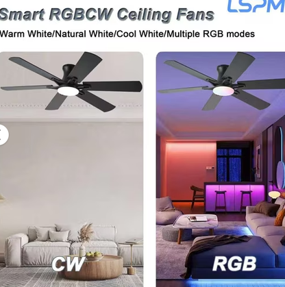 52 Inch Ceiling Fans with Lights, Low Profile Ceiling Fan with Light and Remote, Quite DC Motor,Flush Mount, 3CCT, Dimmable, Brown RGB Ceiling Fan for Bedroom, Living Room, Indoor/Outdoor Use