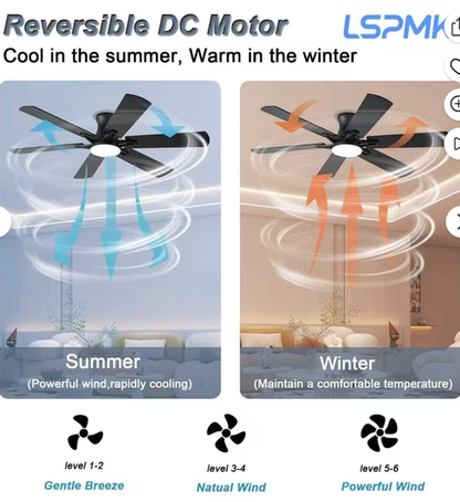 52 Inch Ceiling Fans with Lights, Low Profile Ceiling Fan with Light and Remote, Quite DC Motor,Flush Mount, 3CCT, Dimmable, Brown RGB Ceiling Fan for Bedroom, Living Room, Indoor/Outdoor Use