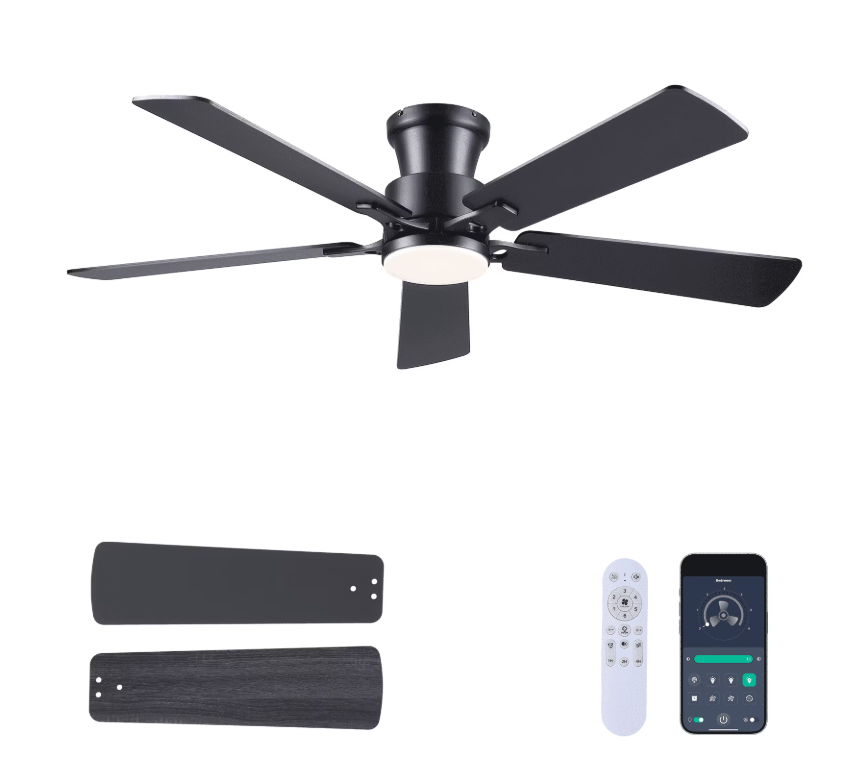 52Inch Ceiling Fan with Lights and Remotes, Modern Low Profile Flush Mount Ceiling Fans,DC Reversible Motor, 3CCT Dimmable,Noiseless,Dual Finish, Black 6 Speeds Ceiling Fan for Indoor/Outdoor