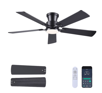 52Inch Ceiling Fan with Lights and Remotes, Modern Low Profile Flush Mount Ceiling Fans,DC Reversible Motor, 3CCT Dimmable,Noiseless,Dual Finish, Black 6 Speeds Ceiling Fan for Indoor/Outdoor