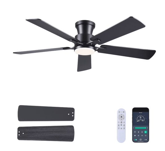 52Inch Ceiling Fan with Lights and Remotes, Modern Low Profile Flush Mount Ceiling Fans,DC Reversible Motor, 3CCT Dimmable,Noiseless,Dual Finish, Black 6 Speeds Ceiling Fan for Indoor/Outdoor