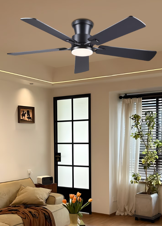 52Inch Ceiling Fan with Lights and Remotes, Modern Low Profile Flush Mount Ceiling Fans,DC Reversible Motor, 3CCT Dimmable,Noiseless,Dual Finish, Black 6 Speeds Ceiling Fan for Indoor/Outdoor