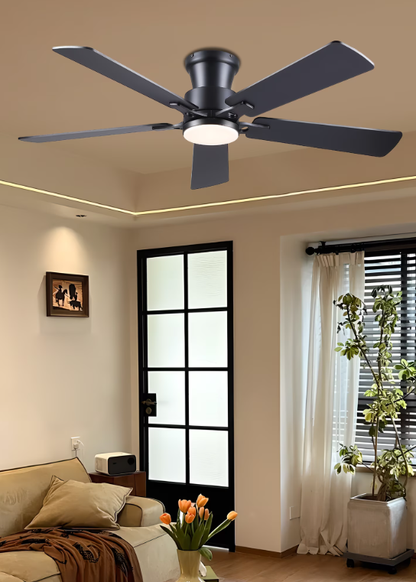 52Inch Ceiling Fan with Lights and Remotes, Modern Low Profile Flush Mount Ceiling Fans,DC Reversible Motor, 3CCT Dimmable,Noiseless,Dual Finish, Black 6 Speeds Ceiling Fan for Indoor/Outdoor