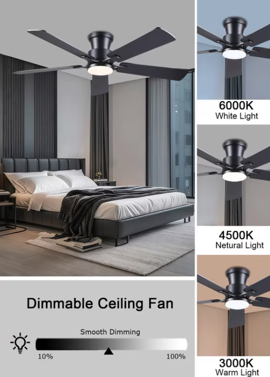52Inch Ceiling Fan with Lights and Remotes, Modern Low Profile Flush Mount Ceiling Fans,DC Reversible Motor, 3CCT Dimmable,Noiseless,Dual Finish, Black 6 Speeds Ceiling Fan for Indoor/Outdoor