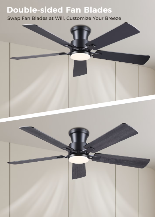 52Inch Ceiling Fan with Lights and Remotes, Modern Low Profile Flush Mount Ceiling Fans,DC Reversible Motor, 3CCT Dimmable,Noiseless,Dual Finish, Black 6 Speeds Ceiling Fan for Indoor/Outdoor