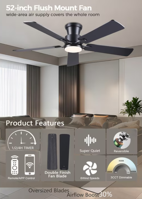 52Inch Ceiling Fan with Lights and Remotes, Modern Low Profile Flush Mount Ceiling Fans,DC Reversible Motor, 3CCT Dimmable,Noiseless,Dual Finish, Black 6 Speeds Ceiling Fan for Indoor/Outdoor
