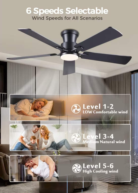 52Inch Ceiling Fan with Lights and Remotes, Modern Low Profile Flush Mount Ceiling Fans,DC Reversible Motor, 3CCT Dimmable,Noiseless,Dual Finish, Black 6 Speeds Ceiling Fan for Indoor/Outdoor