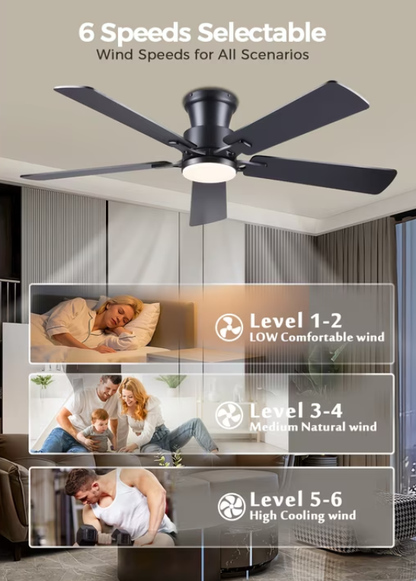52Inch Ceiling Fan with Lights and Remotes, Modern Low Profile Flush Mount Ceiling Fans,DC Reversible Motor, 3CCT Dimmable,Noiseless,Dual Finish, Black 6 Speeds Ceiling Fan for Indoor/Outdoor