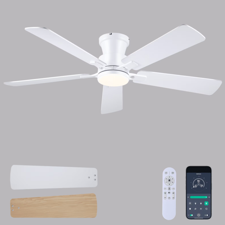 52Inch Ceiling Fan with Lights and Remotes, Modern Low Profile Flush Mount Ceiling Fans,DC Reversible Motor, 3CCT Dimmable,Noiseless,Dual Finish, Black 6 Speeds Ceiling Fan for Indoor/Outdoor