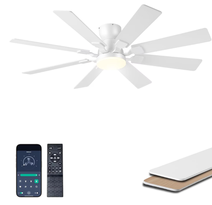 52 Inch Flush Mount Ceiling Fan With Light & Remote Control, 8‑Blade Reversible Quiet DC Motor, Modern Black Ceiling Fan for Bedroom, Kitchen, Living Room & Covered Patios