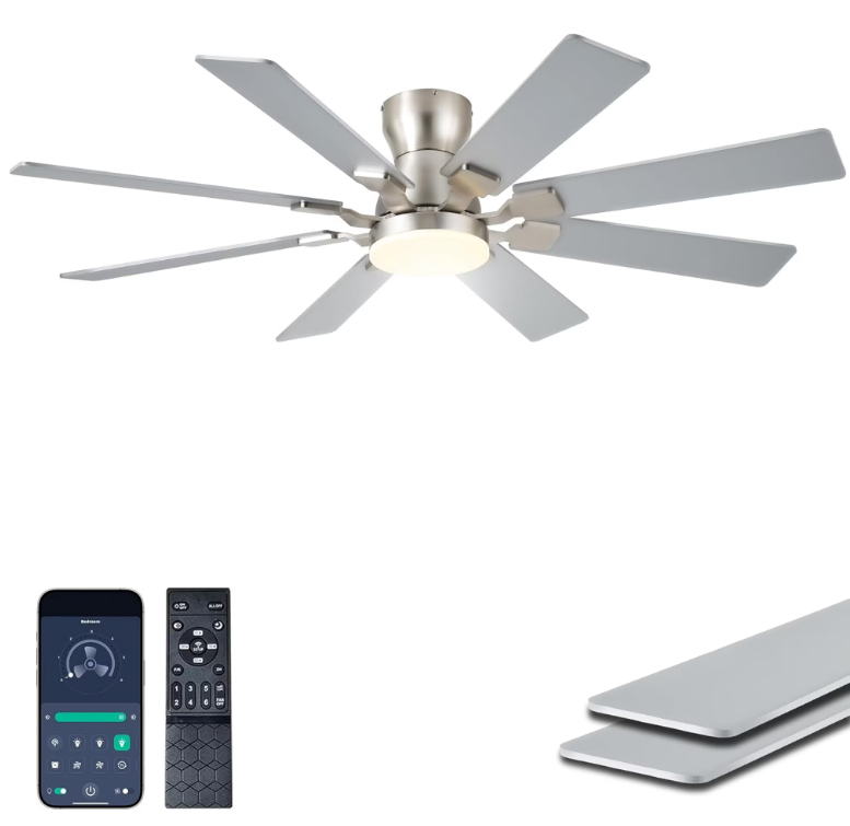 52 Inch Flush Mount Ceiling Fan With Light & Remote Control, 8‑Blade Reversible Quiet DC Motor, Modern Black Ceiling Fan for Bedroom, Kitchen, Living Room & Covered Patios