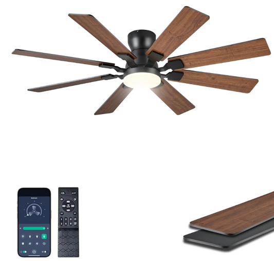 52 Inch Flush Mount Ceiling Fan With Light & Remote Control, 8‑Blade Reversible Quiet DC Motor, Modern Black Ceiling Fan for Bedroom, Kitchen, Living Room & Covered Patios