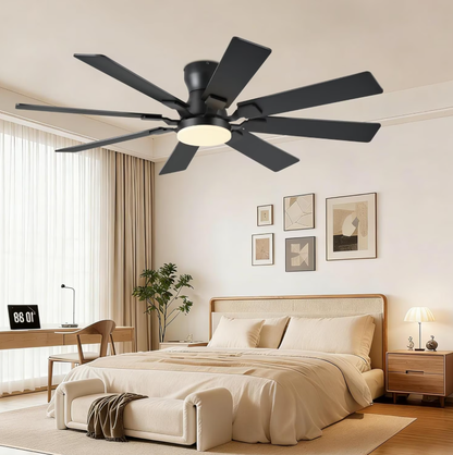 52 Inch Flush Mount Ceiling Fan With Light & Remote Control, 8‑Blade Reversible Quiet DC Motor, Modern Black Ceiling Fan for Bedroom, Kitchen, Living Room & Covered Patios