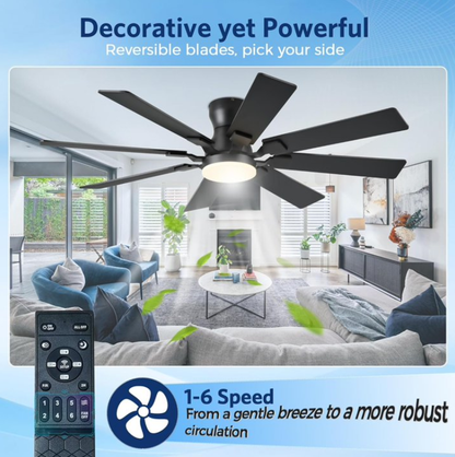 52 Inch Flush Mount Ceiling Fan With Light & Remote Control, 8‑Blade Reversible Quiet DC Motor, Modern Black Ceiling Fan for Bedroom, Kitchen, Living Room & Covered Patios