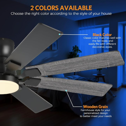 52 Inch Flush Mount Ceiling Fan With Light & Remote Control, 8‑Blade Reversible Quiet DC Motor, Modern Black Ceiling Fan for Bedroom, Kitchen, Living Room & Covered Patios