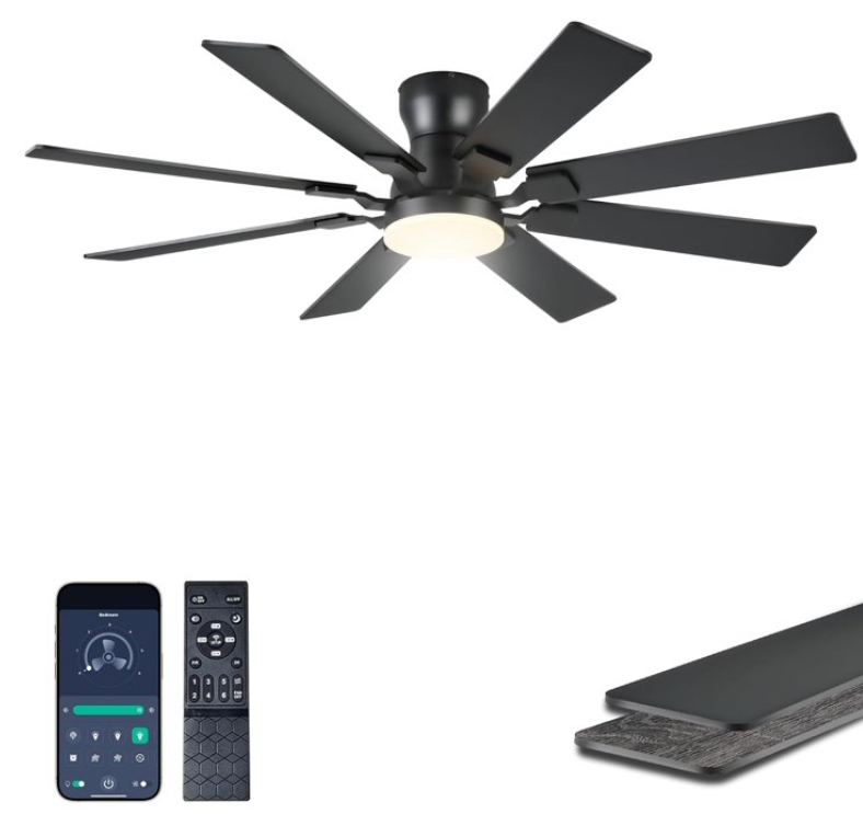 52 Inch Flush Mount Ceiling Fan With Light & Remote Control, 8‑Blade Reversible Quiet DC Motor, Modern Black Ceiling Fan for Bedroom, Kitchen, Living Room & Covered Patios