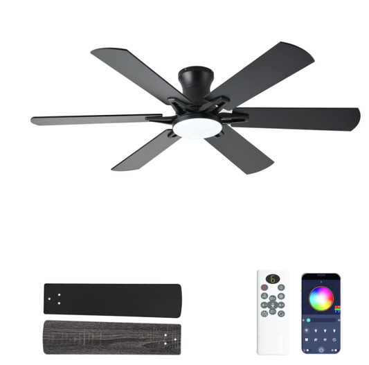 LSPMKE 52 Inch Ceiling Fan with Light and Remote, Low Profile Flush Mount Ceiling Fan, Quiet Reversible DC Motor, 3CCT Dimmable, Black RGB, for Bedroom, Living Room, Indoor/Outdoor