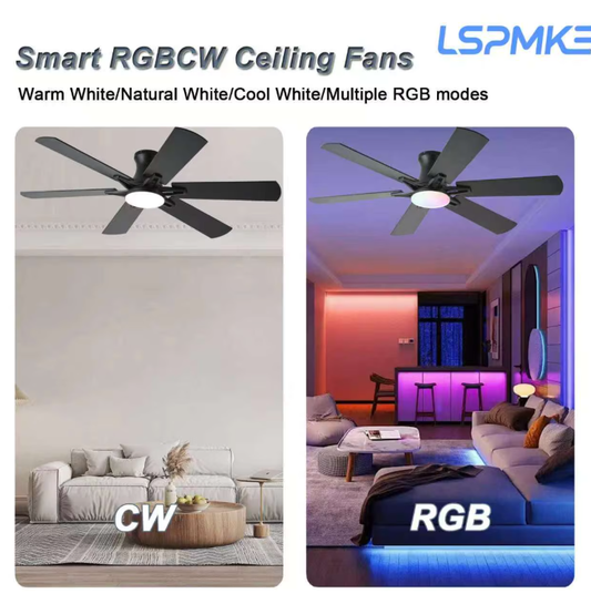 LSPMKE 52 Inch Ceiling Fan with Light and Remote, Low Profile Flush Mount Ceiling Fan, Quiet Reversible DC Motor, 3CCT Dimmable, Black RGB, for Bedroom, Living Room, Indoor/Outdoor