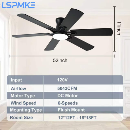 LSPMKE 52 Inch Ceiling Fan with Light and Remote, Low Profile Flush Mount Ceiling Fan, Quiet Reversible DC Motor, 3CCT Dimmable, Black RGB, for Bedroom, Living Room, Indoor/Outdoor